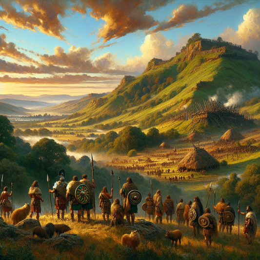 Ancient Gallic tribal warriors in traditional dress standing among hill forts and lush landscapes under a vivid sky, depicted in the style of classic 1960s historical epics.
