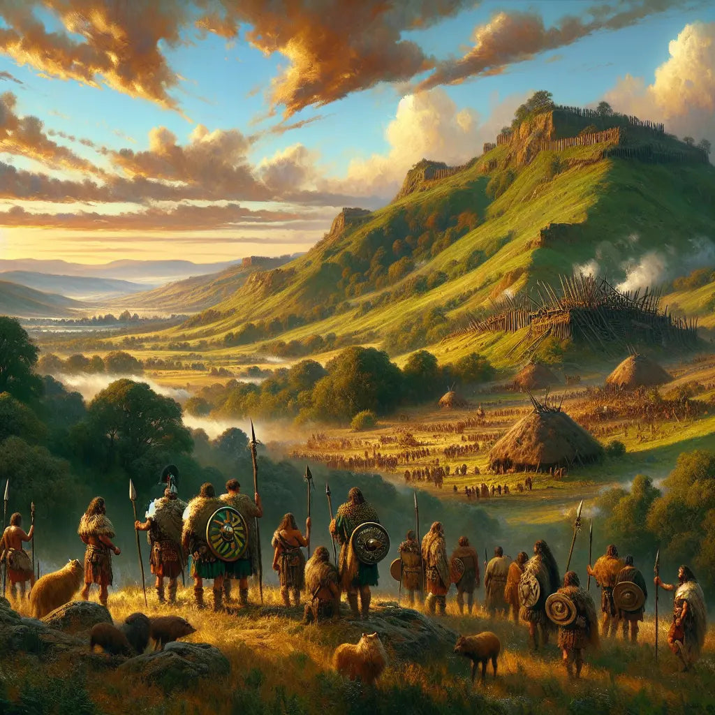 Ancient Gallic tribal warriors in traditional dress standing among hill forts and lush landscapes under a vivid sky, depicted in the style of classic 1960s historical epics.