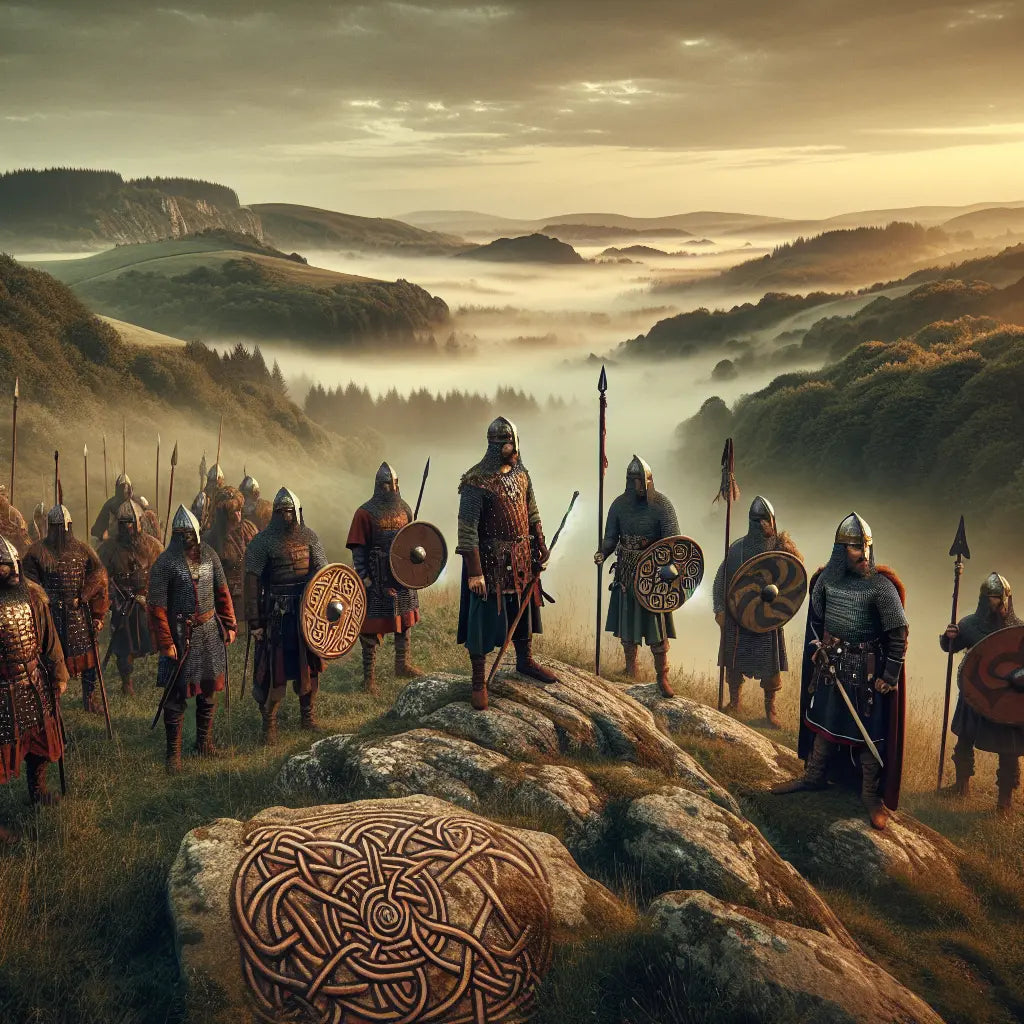 Ancient Gallic warriors in traditional Celtic armor stand on a misty hill overlooking a lush European landscape, with subtle Celtic knotwork integrated into the background, depicted in a cinematic 1960s historical epic painting style.