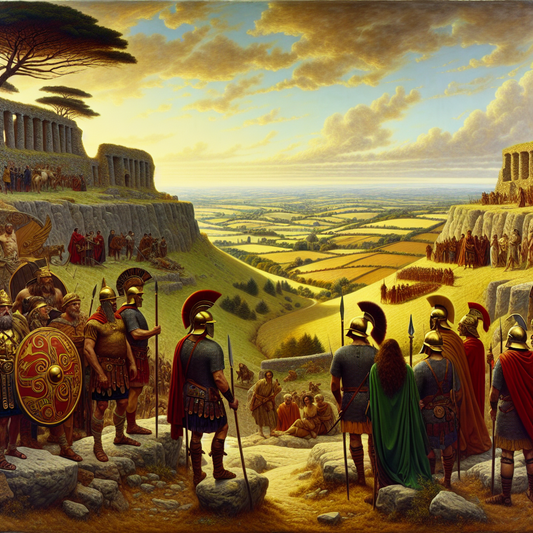 Celtic warriors and Roman soldiers standing together on rocky terrain overlooking a modern French countryside, blending ancient Gaul with vibrant cultural heritage in the style of 1960s historical epics.