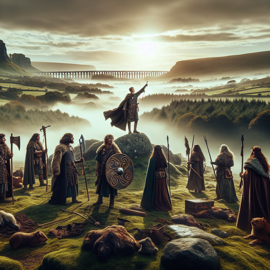 Ancient Celtic tribal leaders in traditional dress standing on a green hill with iconic French landmarks faintly visible in the misty background, painted in a cinematic 1960s historical epic style.