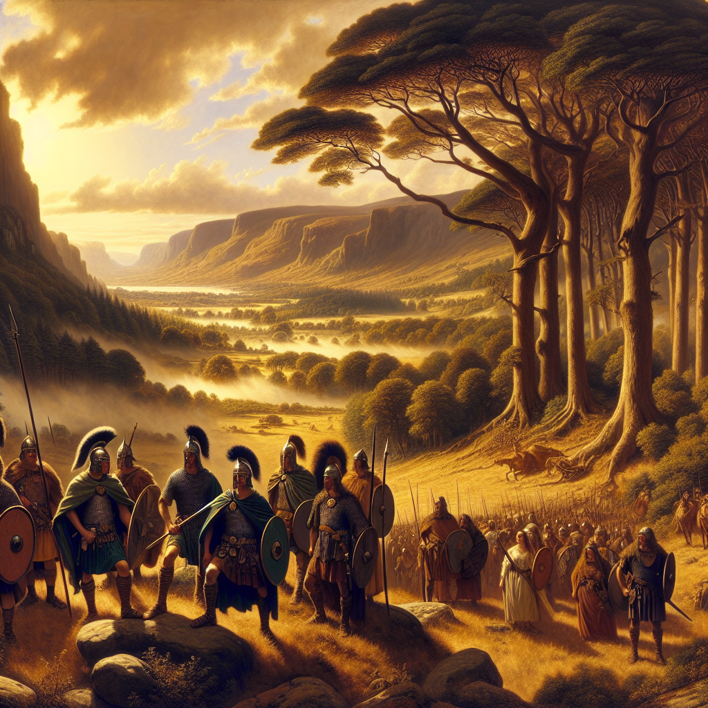 Celtic warriors in traditional gear standing in a lush ancient Gaul forest landscape under a dramatic sky, in the style of 1960s Roman historical epic paintings.