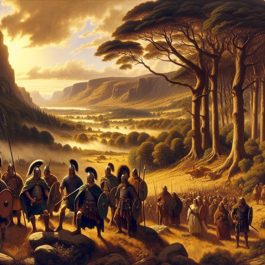 Celtic warriors in traditional gear standing in a lush ancient Gaul forest landscape under a dramatic sky, in the style of 1960s Roman historical epic paintings.