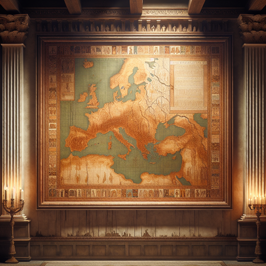 Detailed ancient map of Gallic tribal territories in Gaul on old parchment, styled with classical Roman artistic elements and warm earthy tones.