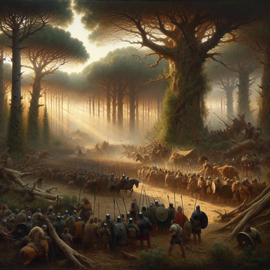 Roman legion soldiers in lorica segmentata facing fierce Germanic warriors in dense ancient forest under dramatic golden sunlight, styled like a 1960s Roman epic film still.