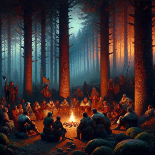 Ancient Germanic tribes gathered around a glowing campfire in a twilight forest clearing, surrounded by symbols of language and unity carved into wooden totems, depicted in a cinematic painterly style inspired by 1960s historical epics.