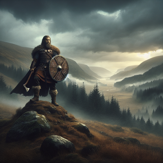 Dramatic depiction of the ancient Germanic warrior god Týr, holding a Viking axe and shield adorned with runic symbols, standing under a cloudy sky in a natural rugged landscape.