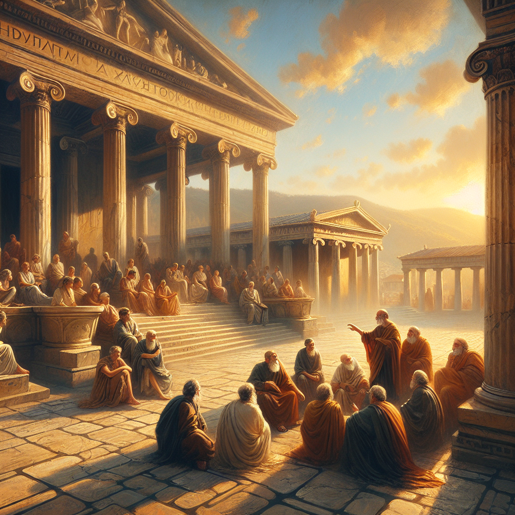 Philosophers discussing Stoicism near a painted porch in an ancient Greek agora, depicted in a warm, cinematic 1960s epic painting style.