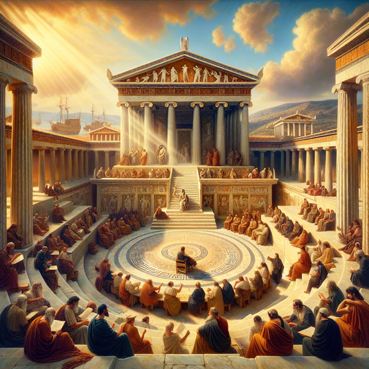 Ancient Greek philosophers in flowing robes debating passionately in a bright, open marketplace surrounded by marble columns and temples with symbolic imagery of ships and virtue under a sunny sky, styled like a classic 1960s historical epic painting.