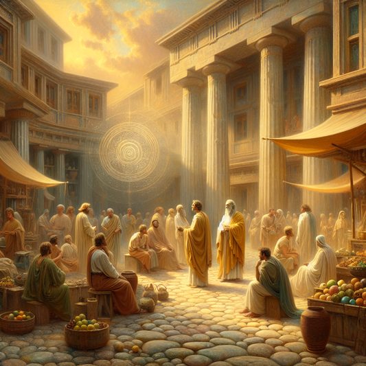 Ancient Greek marketplace with Socrates engaging citizens in philosophical dialogue, surrounded by architectural columns and market stalls, radiant warm daylight and subtle ethereal Stoic symbols blending into the sky.