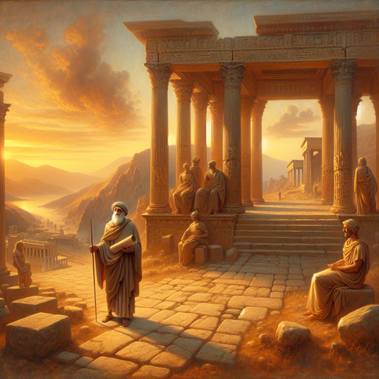 An ancient Greek philosopher in neutral himation standing at a crossroads near ruins of Athens at sunrise, surrounded by scrolls and symbols of Stoic philosophy representing the four virtues, in a warm, painterly style.