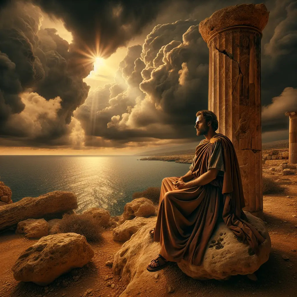 Ancient Greek philosopher in traditional himation standing peacefully on rocky coast with calm seas and stormy sky behind, symbolizing Stoic calm amid turmoil, painted in a cinematic 1960s historical epic style.