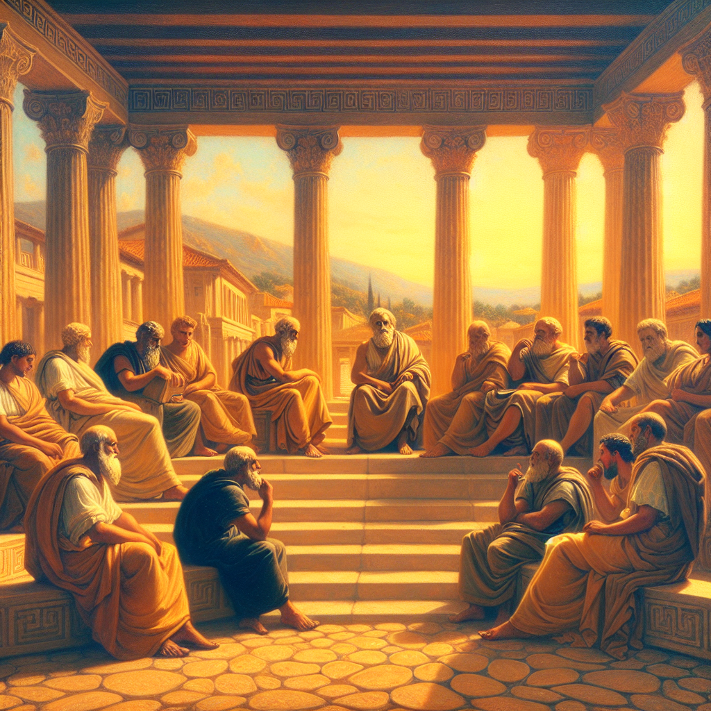 Ancient Greek stoic philosophers discussing under classical marble columns in a serene marketplace, bathed in warm daylight with a peaceful, spiritual atmosphere.