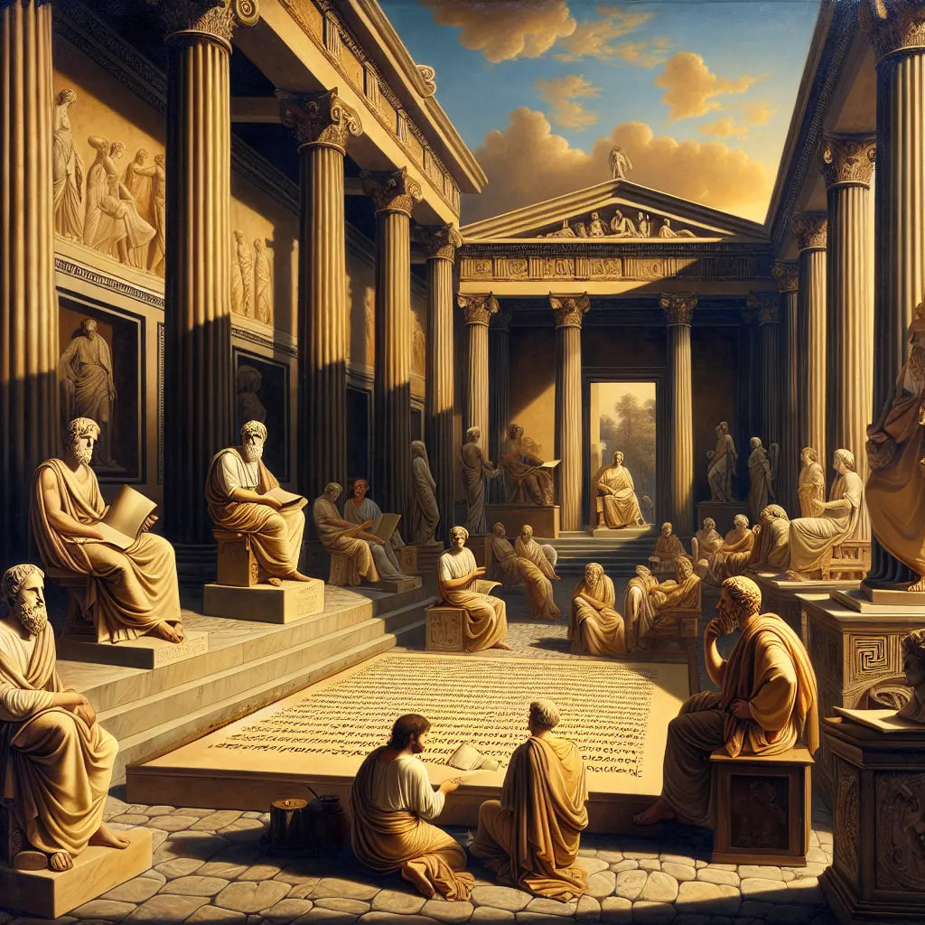 Marble busts of Plato and Zeno in a sunlit classical Athenian courtyard with ancient Greek philosophical scrolls, all rendered in the style of 1960s historical epic paintings.