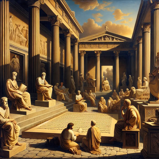 Marble busts of Plato and Zeno in a sunlit classical Athenian courtyard with ancient Greek philosophical scrolls, all rendered in the style of 1960s historical epic paintings.