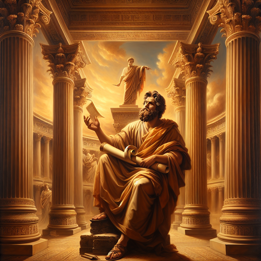 An ancient Greek scholar holding scrolls, standing against classical columns, evoking timeless wisdom.