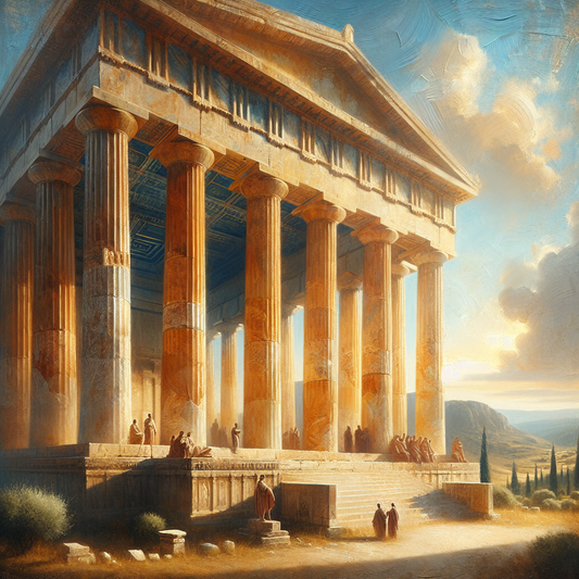 Majestic ancient Greek temple featuring Doric, Ionic, and Corinthian columns under a bright blue sky, painted in the style of 1960s historical epics.