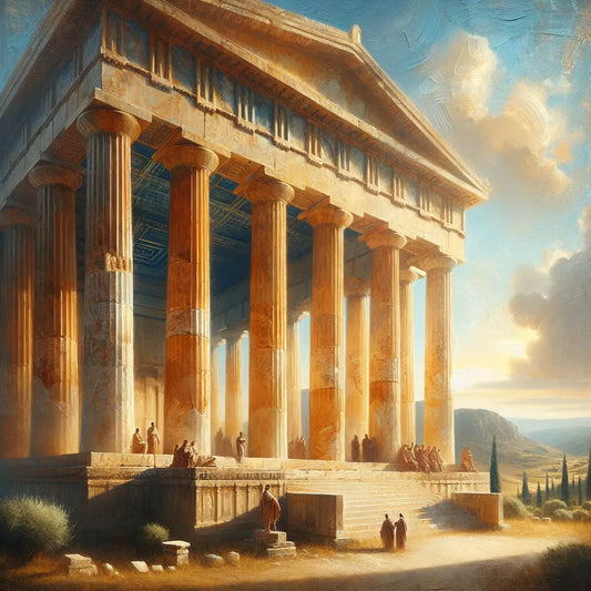 Majestic ancient Greek temple featuring Doric, Ionic, and Corinthian columns under a bright blue sky, painted in the style of 1960s historical epics.