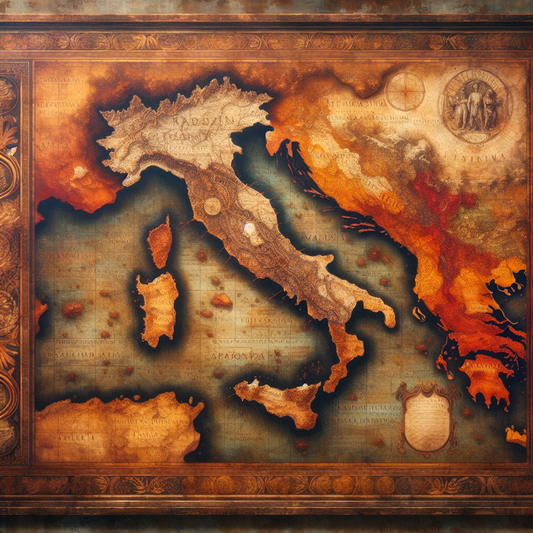 An ancient map of Italy in warm earthy tones showing territories of Etruscans, Greeks, Italic tribes, overlaid faintly with the first Roman Empire expansion, in a painterly, historical epic style.