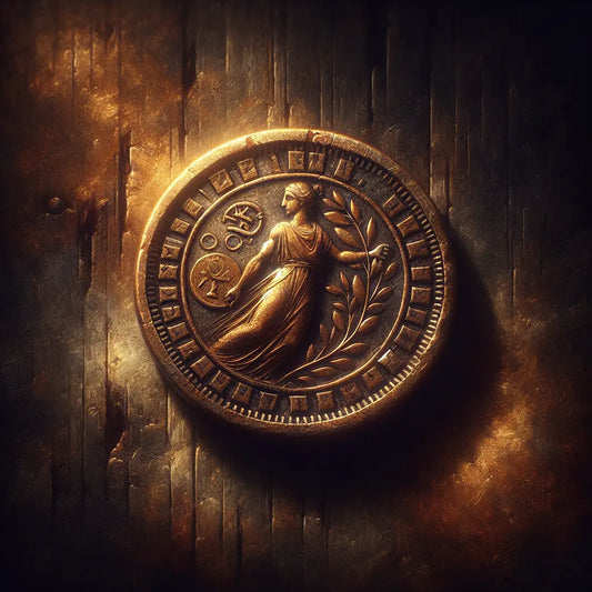 An aged electrum coin from ancient Lydia softly shining against a dark rustic background, symbolizing early currency and ancient trade.