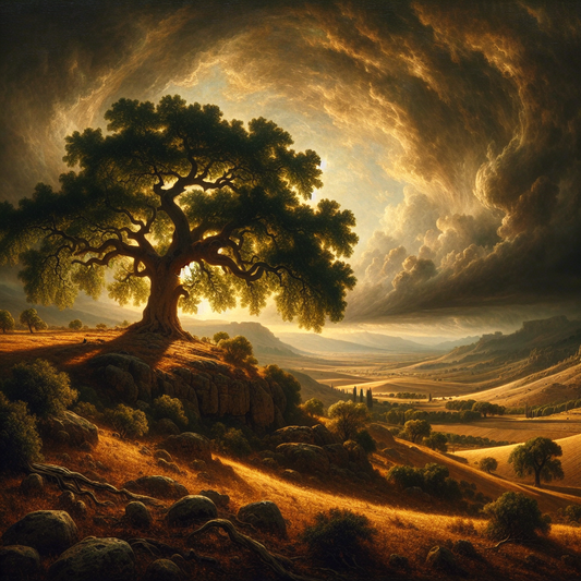 Ancient oak tree standing resilient amidst a storm, symbolizing Stoic wisdom and inner peace.