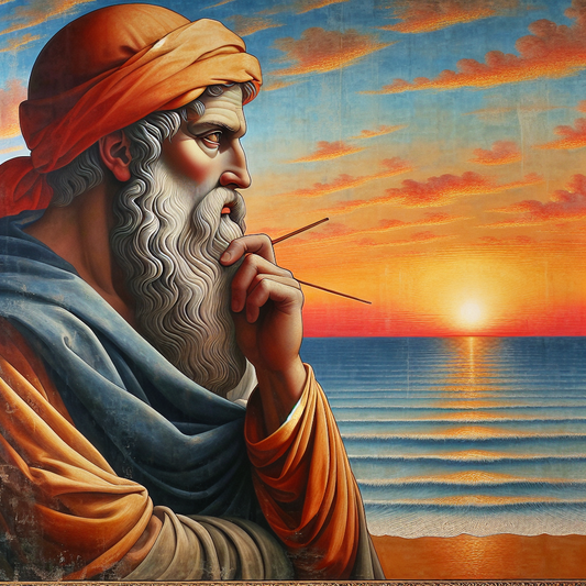 An ancient philosopher, similar to Epictetus, contemplating by the seaside during sunset with ocean reflections, in a style inspired by 1960s historical films.