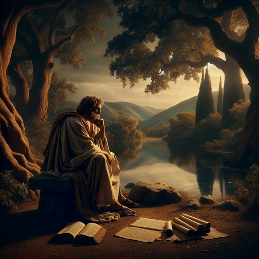 Ancient Roman philosopher by a tranquil pond, with oak trees and mountains.