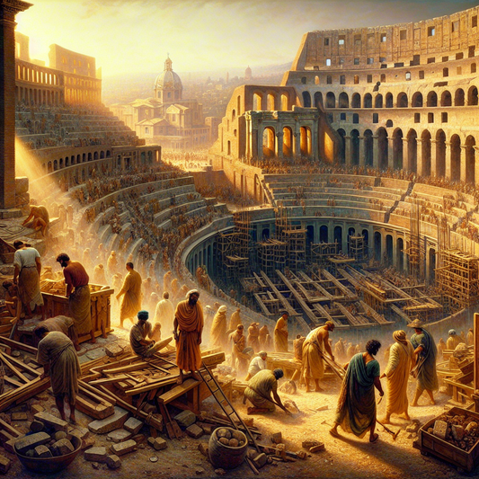 Ancient Roman amphitheater under construction with workers and the city of Rome in the background, showing early grandeur of the Colosseum in 1960s cinematic painting style.