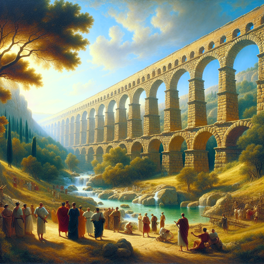 Majestic ancient Roman aqueduct spanning a lush valley under a clear blue sky with water flowing through stone arches, depicted in a cinematic 1960s historical film style.