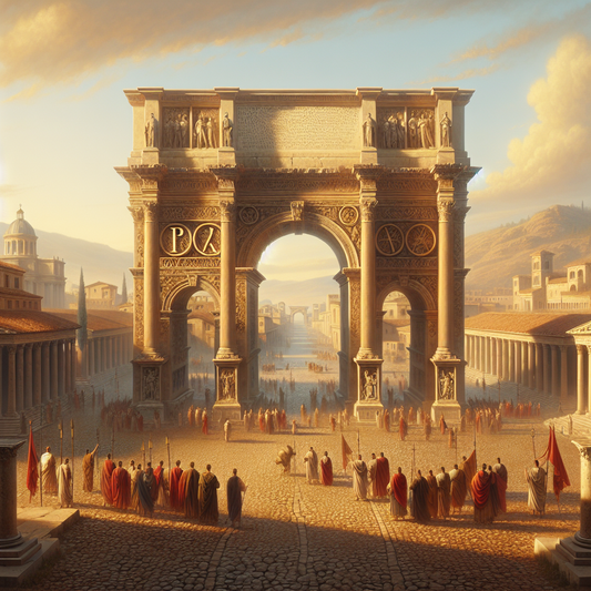 Ancient Roman arch with SPQR inscription surrounded by historic cityscape of Rome, rendered in a cinematic painting style reminiscent of 1960s historical epics.