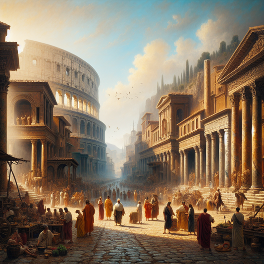 A lively ancient Roman city street with people in traditional clothing amid towering classical buildings and the Colosseum visible in the background under a bright sky, styled like a 1960s historical epic painting.