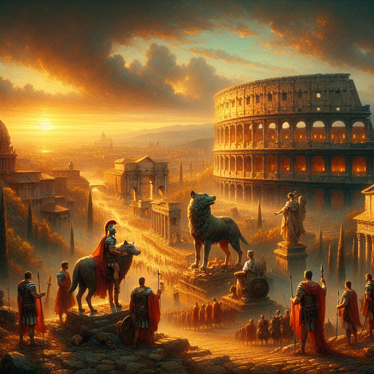 Ancient Roman cityscape at sunset featuring the illuminated Colosseum, Roman soldiers in traditional armor, and the she-wolf statue representing Romulus and Remus in the foreground, in the style of 1960s historical epics.