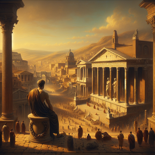An expansive ancient Roman cityscape with iconic marble monuments decorated subtly with laurel wreath motifs and a contemplative statue of Marcus Aurelius overseeing the scene, rendered in a cinematic painterly style.