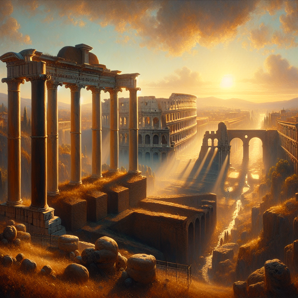 Majestic ancient Roman cityscape at sunrise with towering columns, aqueducts, and the Colosseum illuminated by golden light, in the style of 1960s historical epics.
