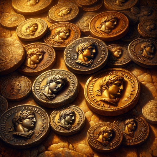 Close-up detailed view of ancient Roman coins with emperor profiles and inscriptions on a textured historical background.
