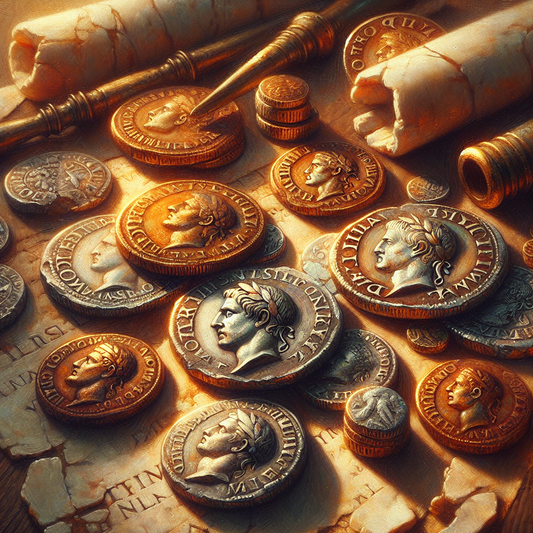Close-up of ancient Roman coins displaying emperor profiles and Latin inscriptions on a textured background of historical artifacts, portrayed in the style of classic 1960s Roman epic films.
