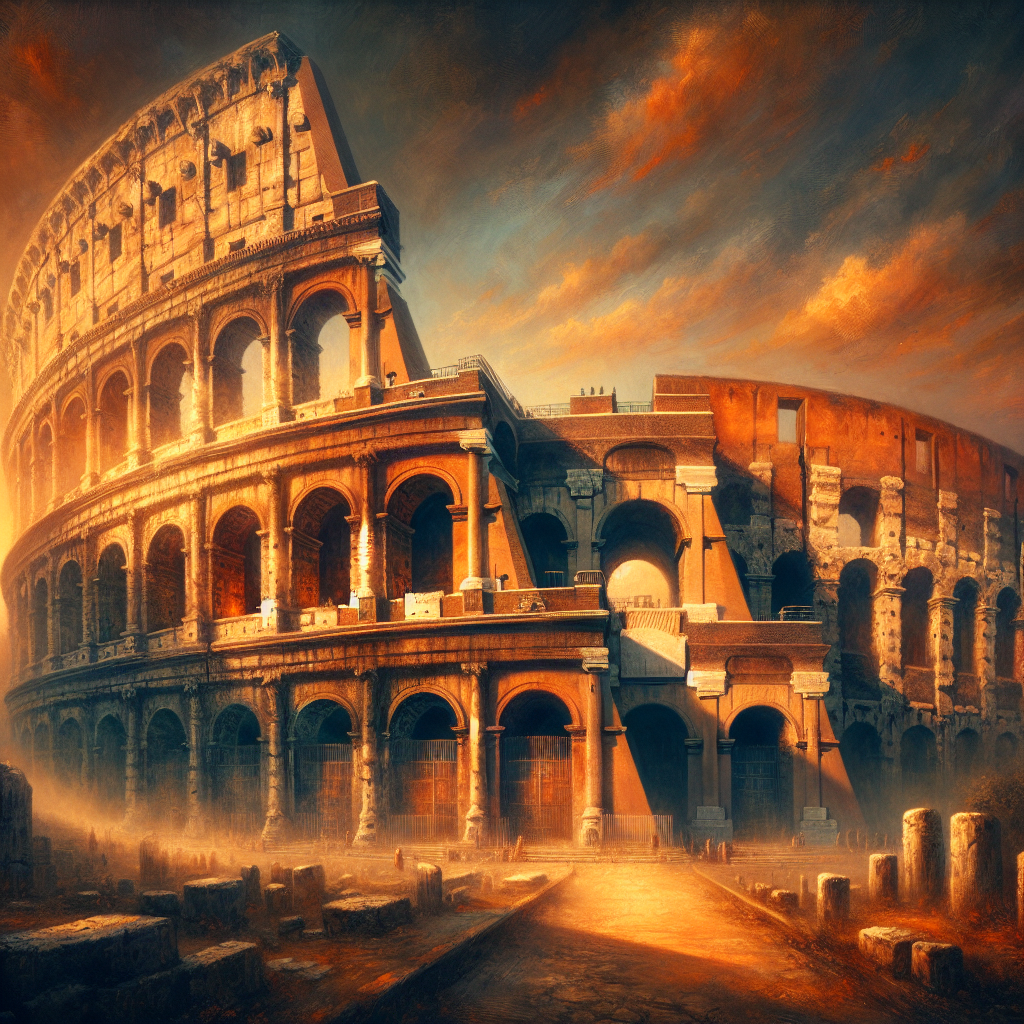 The ancient Roman Colosseum bathed in warm sunset light, showcasing its grand arches and detailed stone architecture, in a cinematic painting style.