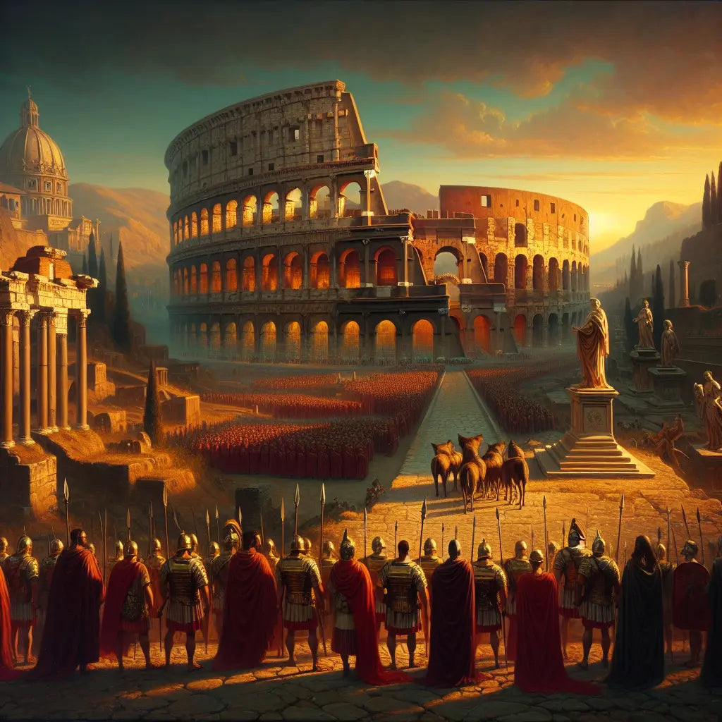 Ancient Roman cityscape at sunset featuring the glowing Colosseum, legionnaires in traditional armor, and the she-wolf statue symbolizing the founding of Rome, in a 1960s historical epic painting style.