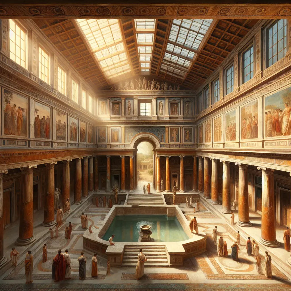 Interior of an ancient Roman domus showing a bright open atrium with an impluvium surrounded by marble columns and frescoed walls, painted in the style of 1960s Roman historical epics.