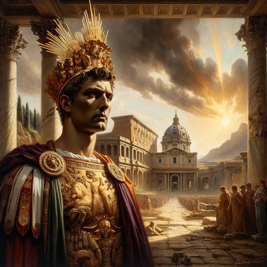 Ancient Roman emperor in a richly decorated imperial crown and robes standing in front of a grand Roman palace under a dramatic, cloud-filled sky symbolizing power and legacy, rendered in a cinematic 1960s historical epic style.