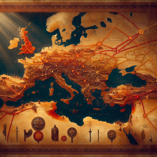 A vast ancient Roman map illustrating the empire spanning Europe, Africa, and Asia with Roman roads and symbols of legions and aqueducts in warm historic tones.