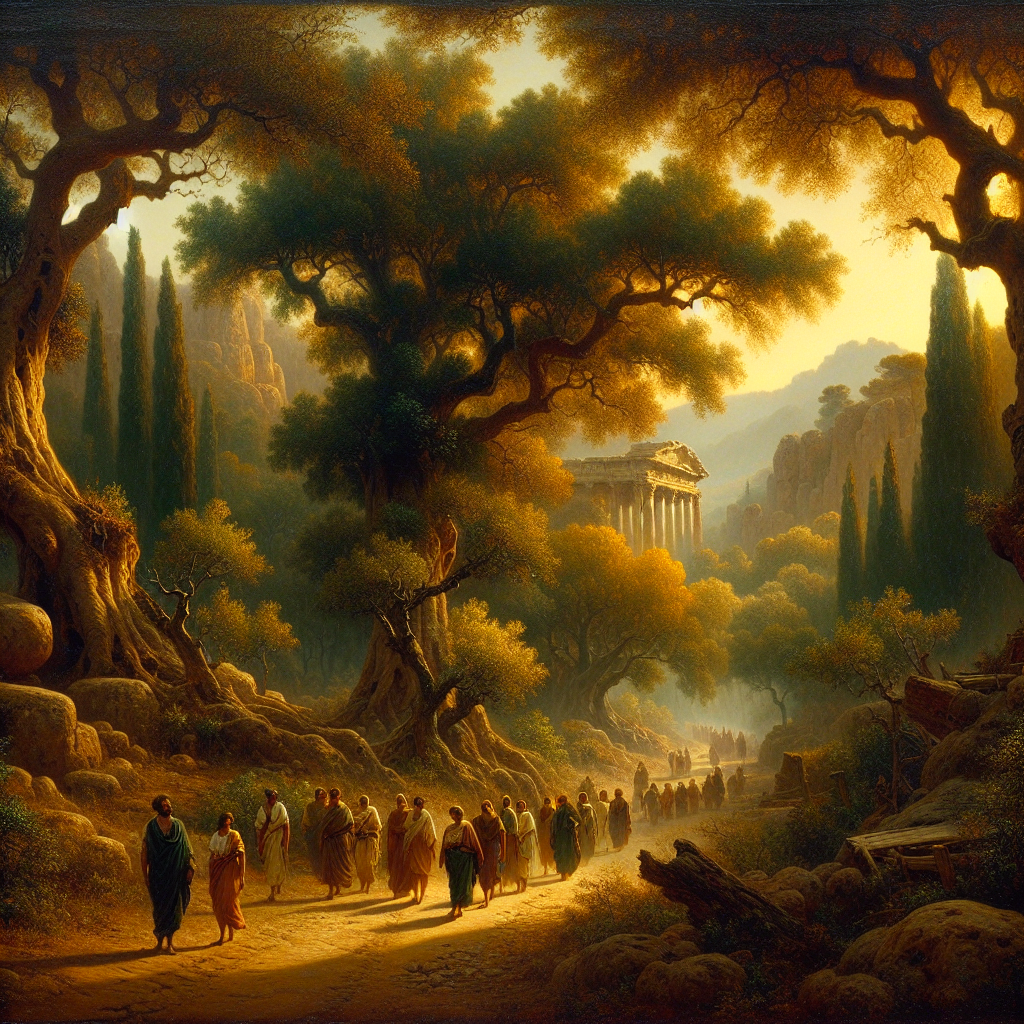 Ancient serene forest path with Roman tunic-clad figures walking peacefully, bathed in warm golden sunlight, symbolizing calm and focused mind navigating life challenges.