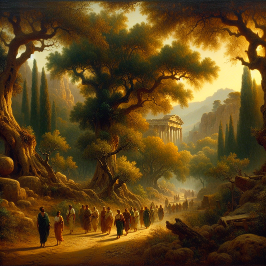 Ancient serene forest path with Roman tunic-clad figures walking peacefully, bathed in warm golden sunlight, symbolizing calm and focused mind navigating life challenges.