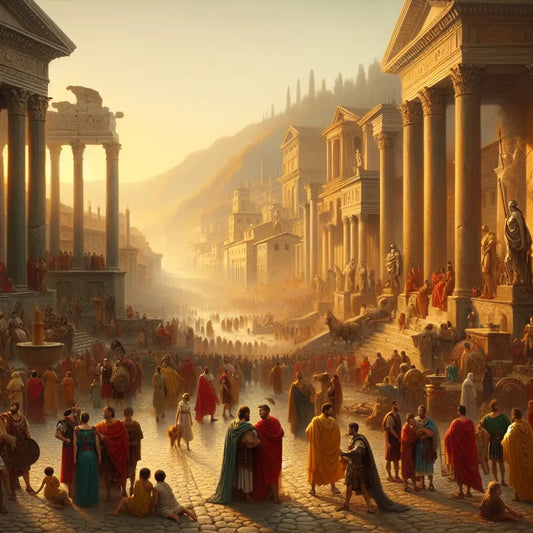 A bustling ancient Roman forum in the 1st century AD with marble temples and diverse people interacting under a bright sky, inspired by classic 1960s historical epics.