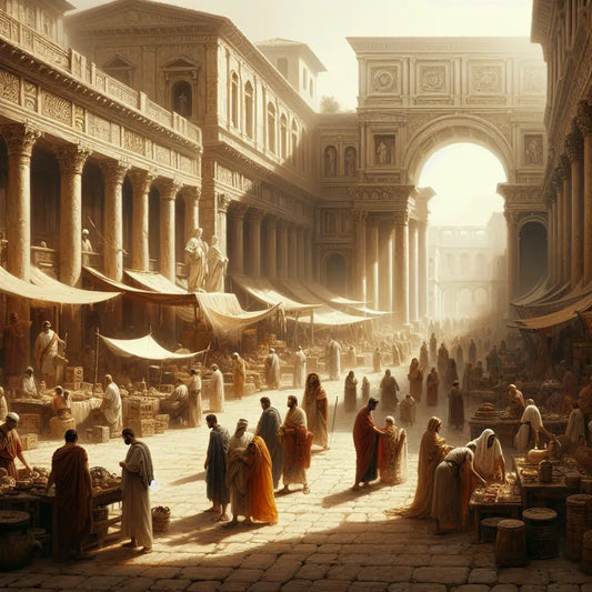 Ancient Roman marketplace bustling with men in flowing tunics and togas, marble statues prominently displayed, bathed in warm sunlight reflecting Roman culture and architecture.