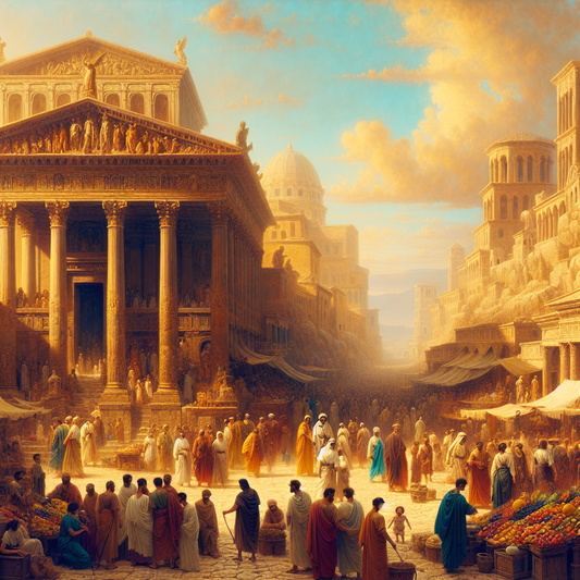 A bustling ancient Roman marketplace filled with diverse peoples in traditional Roman and provincial attire, set against classical Roman architecture under a warm Mediterranean sky.