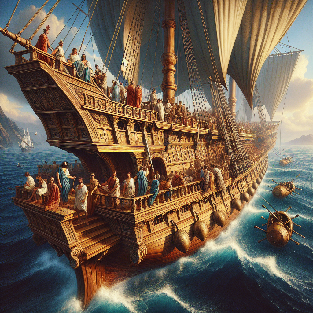 An elegant ancient ship sails calm blue waters under a clear sky, with passengers in Roman attire enjoying the deck in a cinematic 1960s historical epic painting style.