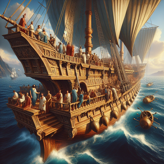 An elegant ancient ship sails calm blue waters under a clear sky, with passengers in Roman attire enjoying the deck in a cinematic 1960s historical epic painting style.