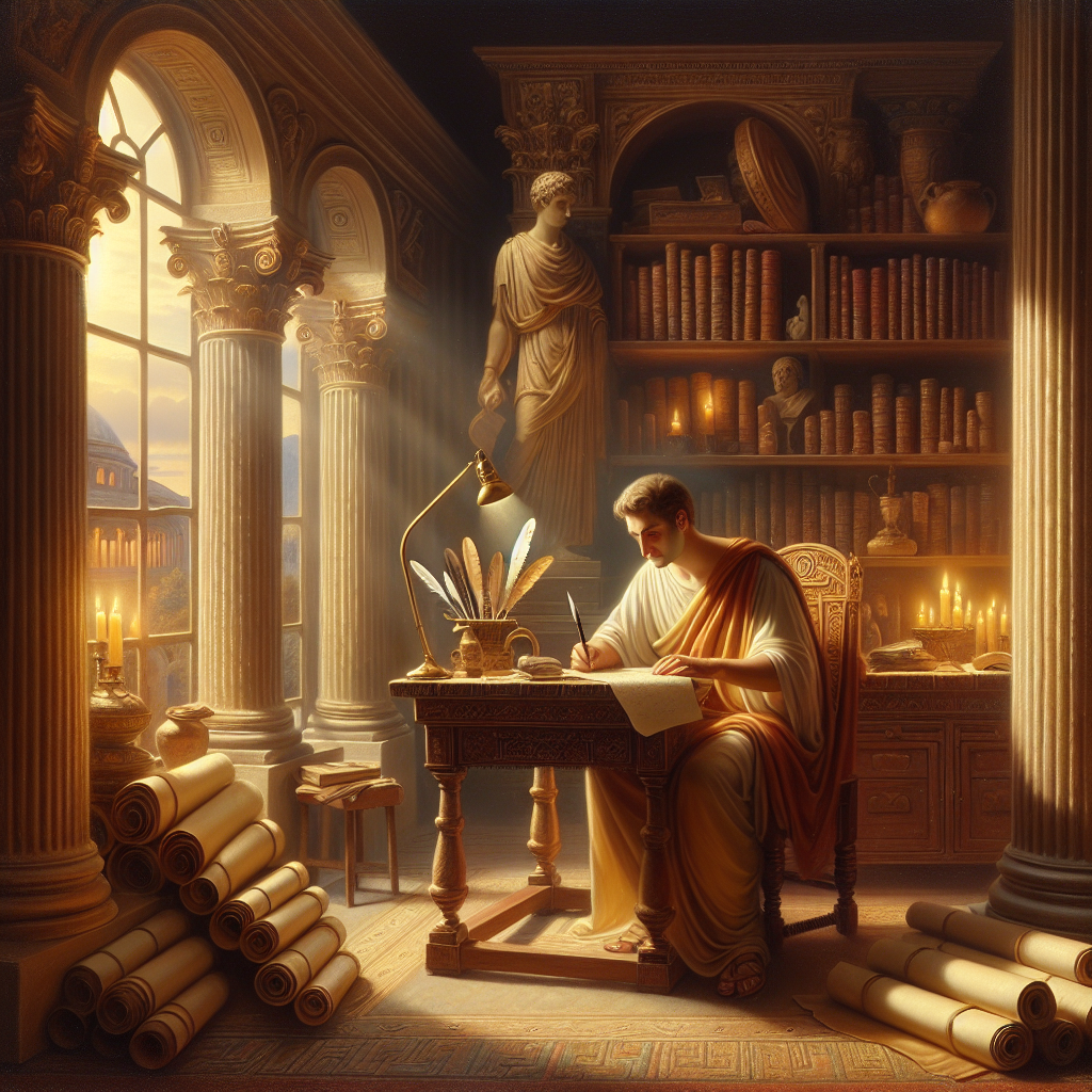 Ancient Roman philosopher writing letters in a classical study with scrolls and candlelight, depicted in a warm, painterly cinematic style inspired by 1960s Roman epics.