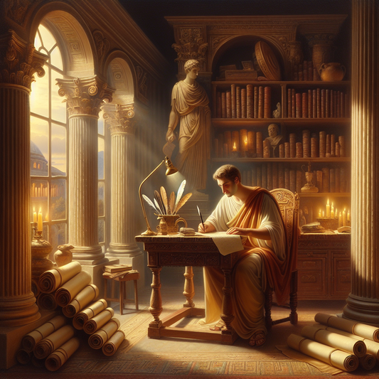 Ancient Roman philosopher writing letters in a classical study with scrolls and candlelight, depicted in a warm, painterly cinematic style inspired by 1960s Roman epics.